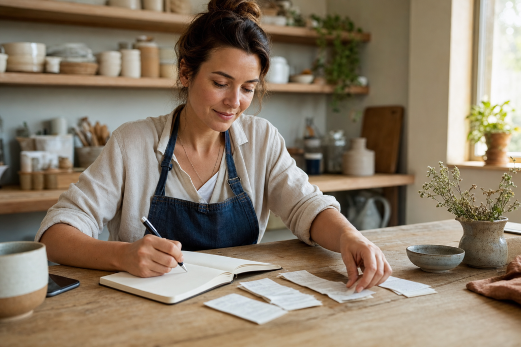 Small-business owner calmly sorting receipts and writing a recovery plan